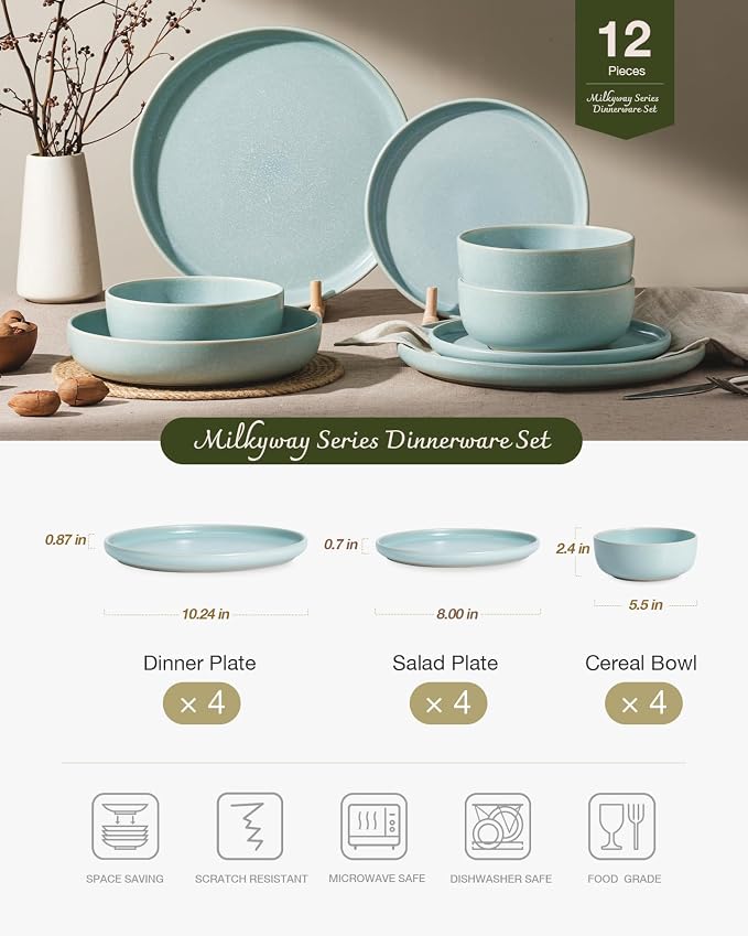 Famiware Milkyway 12-Piece Stoneware Dinnerware Set, Light Blue | Plates and Bowls for 4, Reactive Glaze Dish Set, Microwave & Dishwasher Safe, Chip & Scratch Resistant