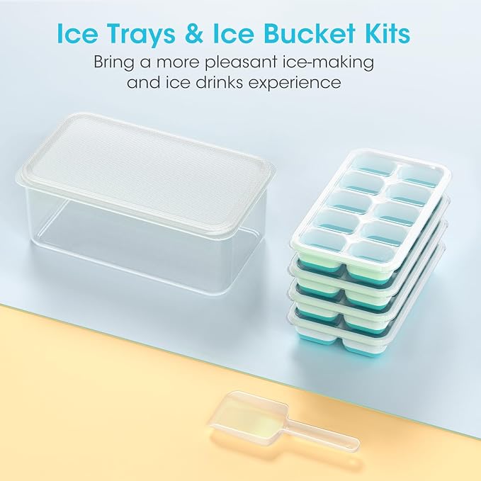 DOQAUS Ice Cube Tray with Lid and Bin,4 Pack Ice Cube Trays for Freezer | Silicone, Stackable. Easy Release Trays with Storage Bin & Scoop. Ideal for Freezer, Kitchen, RV, Cocktail, Coffee.