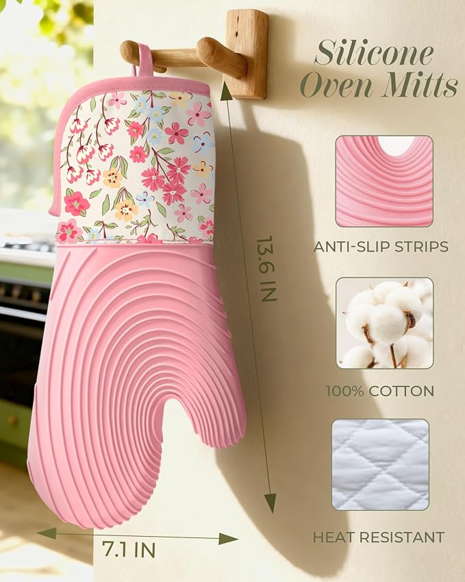 Slohif Long Silicone Oven Mitts Heat Resistant for Women - 2 Pcs Pink-Green Flower 100% Cotton Oven Gloves, Non-Slip and Waterproof Silicone Oven Mitts with Hanger for Baking and Cooking
