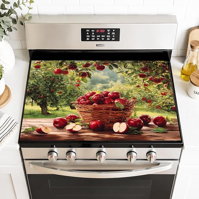Farmhouse Apple Stove Top Cover 28x20 Inch Decorative Kitchen Cover | Heat Resistant Cooktop Protector Mat with Non-Slip Backing, Scratch Protection and Countertop Drying Mat.