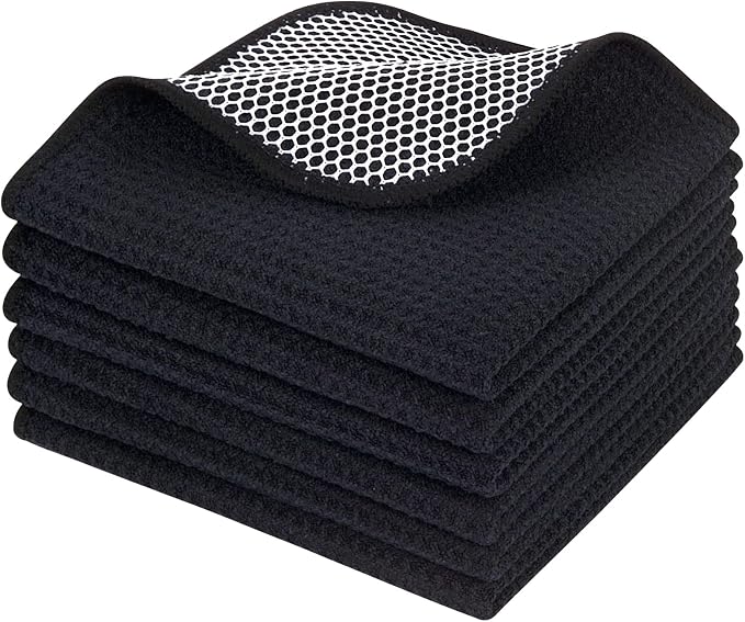 Dish Cloths for Washing Dishes with Scrub Side, Microfiber Dish Rags | Dual-sided microfiber dish cloths with scrubber for stuck-on food, quick dry kitchen washcloths 6 Pack, 12 Inch Black-B
