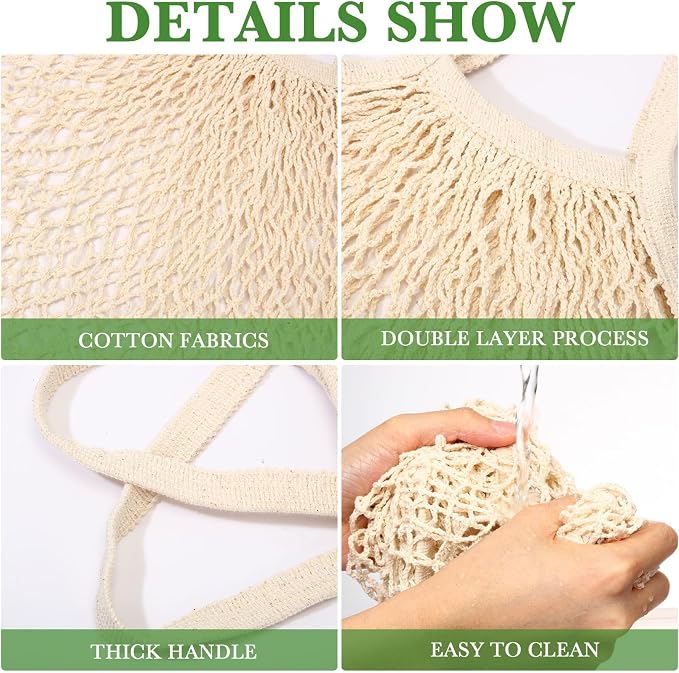 Woanger 24 Pcs Beige Short Handle Reusable Cotton Mesh Produce Shopping Bags Washable Grocery Net Portable Fruit and Vegetable Cotton String Bags Net Tote Organizer (Pack of 2)