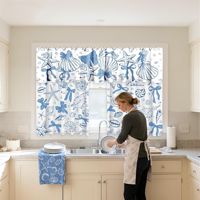 13 Pcs Beach Kitchen Decor Set 3 Seashell Kitchen Curtains Valance 2 Blue Bow Rugs and Mats 4 Coastal Hand Towels 2 Pot Holders 2 Oven Mitts for Summer Home Decor Cooking Grilling Housewarming Gift