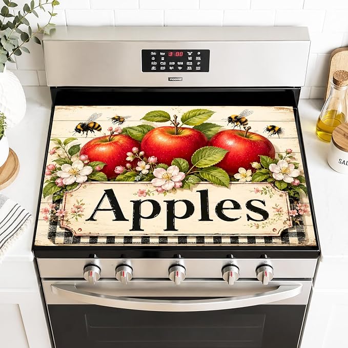 Farmhouse Apple Stove Top Cover 28x20 Inch Decorative Glass Stove Cover | Heat Resistant Cooktop Protector Mat with Non-Slip Backing, Scratch Protection and Countertop Drying Mat.