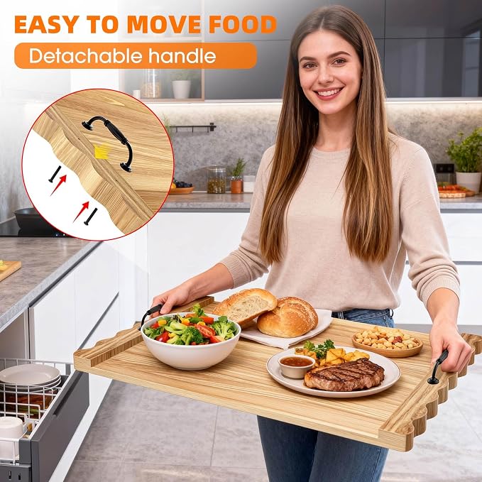 Latest wave-patterned wooden stove top cover, stylish pine panel stove top cover,suitable for gas stoves with 4 and 5 burners, food tray, kitchen stove tray. (Light wood color)