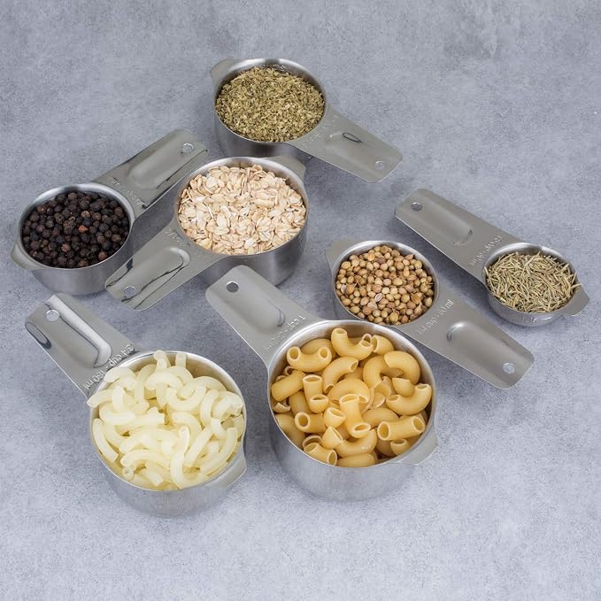7-Piece 18/8 Stainless Steel Measuring Cups Set, Silver | Includes 1/16, 1/4, 1/3, 1/2, 2/3, 3/4 and 1 Cup, Engraved US and Metric Markings, Pour Spouts and Ring Connector