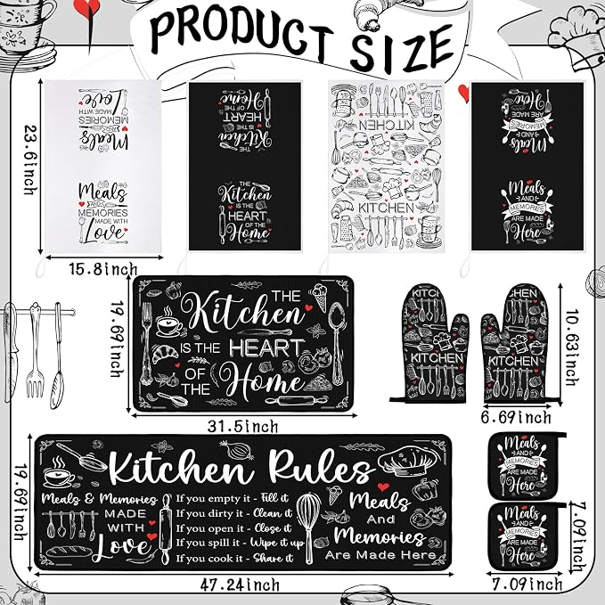 Fourluoo 10 Pcs Black and White Kitchen Decor Farmhouse Oven Mitts and Pot Holders Sets Vintage Kitchen Dish Towels Rustic Pattern Oven Mitts for Home Decorations Baking Cooking