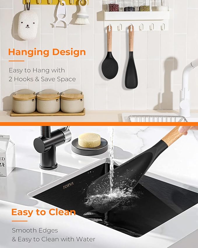 Cooking Spoon Multifunction Spoonula Silicone Spatula Spoon 2-Pack, Dual-Use Heat Resistant 446°F, BPA-Free Non-Toxic Wooden Handle Rice Spoon Set for Non-Stick Cookware & Rice Cookers
