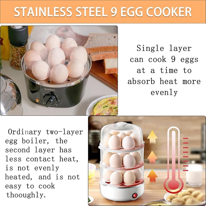 Oroton 304 stainless steel inside and outside Rapid Egg Cooker, 9 Egg Capacity Electric Egg Cooker for Hard Boiler Eggs,Poacher Eggs,Scrambled Eggs,Hard Boiled Auto Shut-Off,30 Minutes Timer Settings