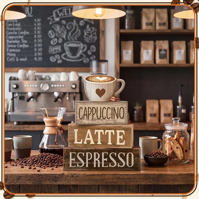 Lineshading 4 Pcs Farmhouse Coffee Bar Signs, Wooden Coffee Stacked Blocks | Vintage Coffee Bar Decor, Coffee Station Accessories with Cappuccino Latte, Table Decor for Home Kitchen Office Tiered Tray