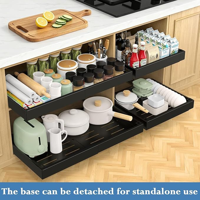 Aisslro Under Sink Organizer, 2 Tier Pull Out Cabinet Organizer, Expandable & Adjustable Slide Out Shelf 17.9''–29.5'', Under Sink Storage for Kitchen Bathroom Laundry Cabinet Storage, Black