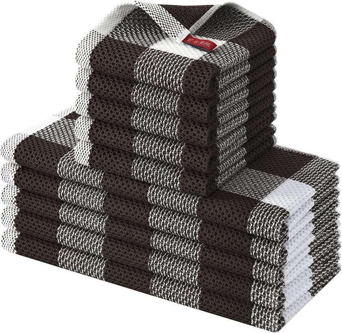Homaxy Kitchen Towels and Dishcloths Set, Set of 10, White & Dark Brown | Bulk Cotton Waffle Weave Check Plaid Kitchen Towels, Super Soft and Absorbent Dish Cloths, 12 x 12 and 13 x 28 Inches