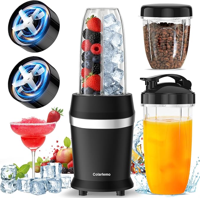 Colarlemo 1200W Smoothie Blender, Personal Kitchen Blender, Ice Crushing | 25000 RPM, Dishwasher Safe, 12Pcs, 6-Leaf Blade×2, 3 Cup Sizes, Smoothie Maker Grinder Frozen Drinks Nuts, Matte Black