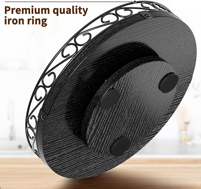 12" Lazy Susan Turntable Organizer for Table Top, Wood Lazy Susan Cabinet | Farmhouse Rotating Decor Tray for Dining Table, Pantry, Kitchen Countertop, Spice, Bathroom Vanity, Round Patterned Rim,Black