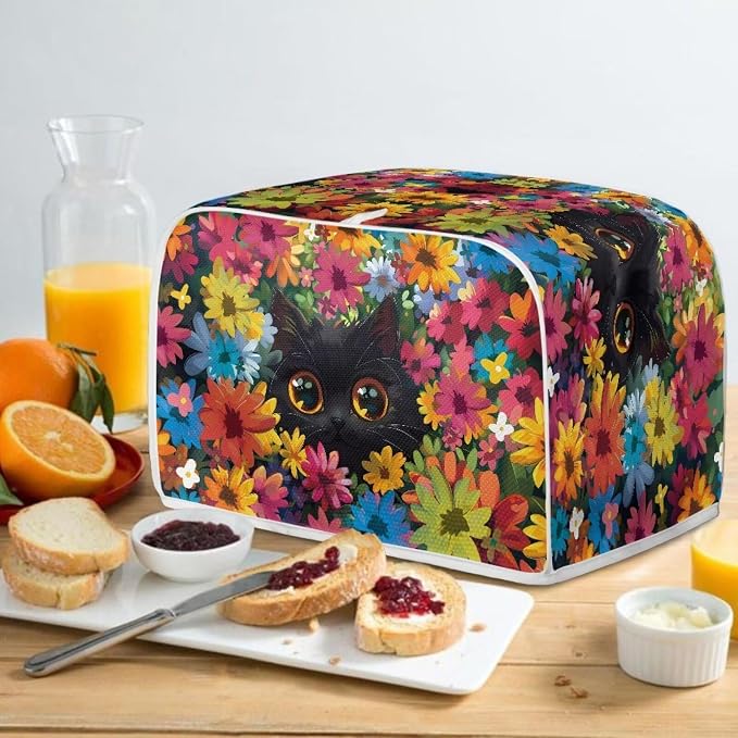 Cat Floral Print Toaster Cover 2 Slice Long Slot, Non Slip Bread Cover Dust Protection, Washable Toaster Accessories