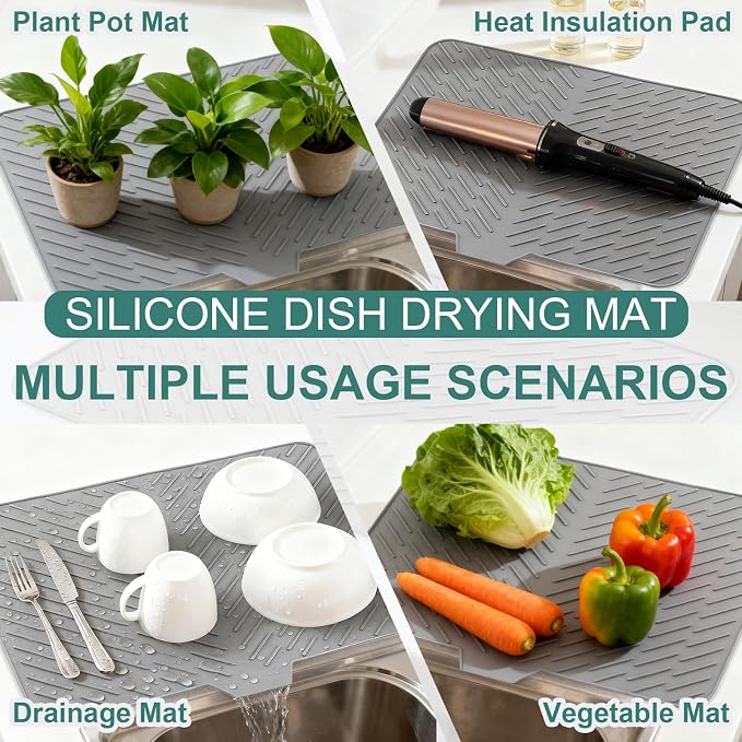 Silicone Dish Drying Mat for Kitchen Counter, 23" x 17" Grey-1pcs | Heat Resistant & Non-Slip Dish Drain Pad with Built-In Drain, Quick-Dry, Hangable & Roll-Up for Storage，Multi-Functional Use