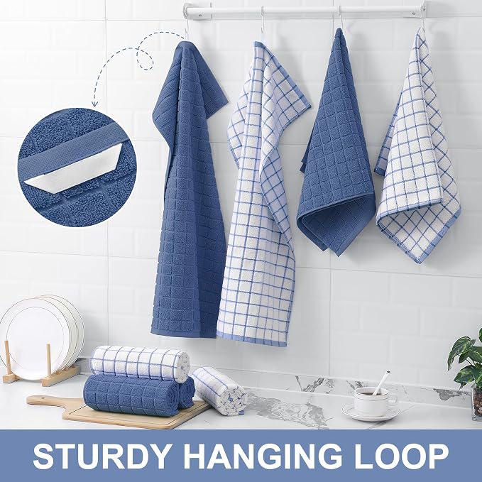 Homaxy Premium Cotton Kitchen Dish Cloths 12"x 12", 8 Pack, Navy Blue | Natural Ring Spun 390 GSM Dish Rags, Super Absorbent Terry Dish Towels, Soft Dishcloths with Hanging Loop