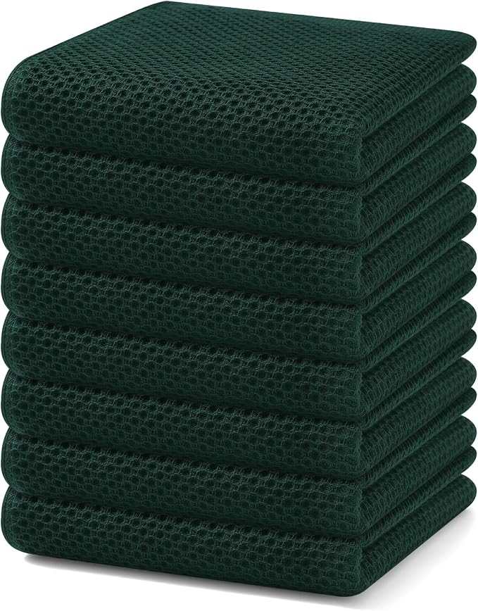 Homaxy 100% Cotton Waffle Weave Kitchen Dish Towels 8-Pack, Blackish Green | 13 x 28 Inches, Ultra Soft Absorbent Dish Towels, Quick Drying Cleaning Towels