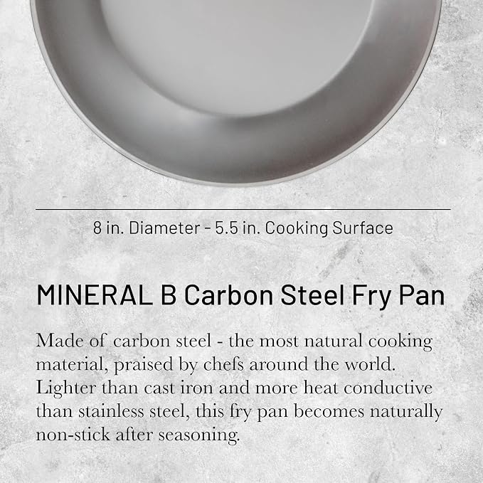de Buyer MINERAL B Carbon Steel Fry Pan - 8” Diameter, 5.5” Cooking Surface - Ideal for Searing, Sauteing & Reheating - Naturally Non-Stick Finish - Made in France