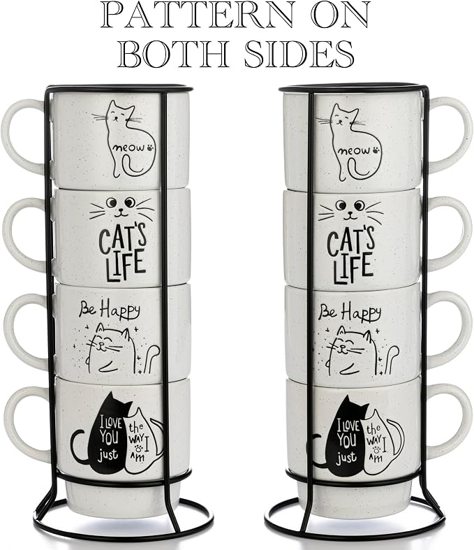 Signature Housewares Stackable Coffee Mug Tower Set with Metal Wire Rack - 15 Ounce Coffee Mugs for Coffee, Tea, Cocoa, Milk, Cappuccino, Hot Chocolate Set of 4 - Cat's Life