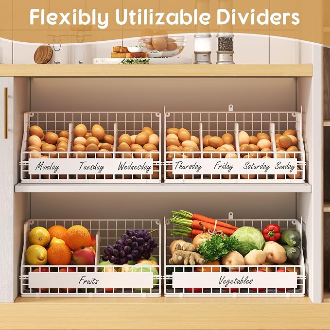 Egg Holder Countertop with 5 Dividers & DIY Labels to Separate Eggs, 2-Tier Stackable Wire Baskets, XXL Egg Basket for Gathering Fresh Eggs - Egg Organizer for Wall-Mounted(Patent Pending), White