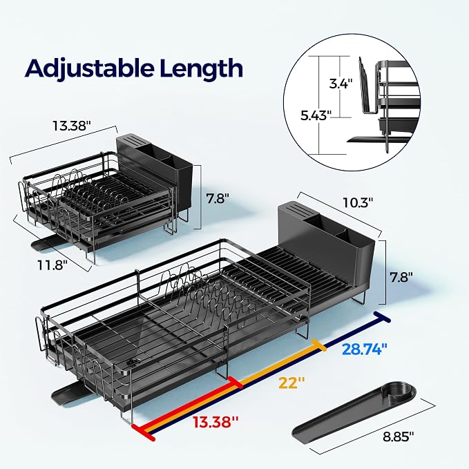 Large Dish Drying Rack, Expandable Dish Rack for Kitchen Counter, Dish Drainer with Drainboard Set, Multifunctional Dishrack with Utensil & Cup Holder, 13.4"-28.7" L x 11.8" W x 7.8" H, Black