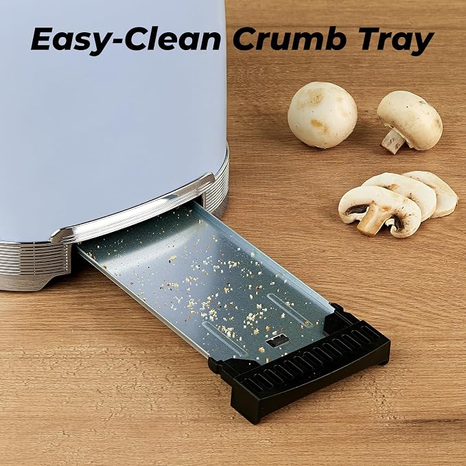 Toaster 2 Slice Retro Stainless Steel, Blue | 1.5” Extra Wide Slots with Bagel, Defrost, Reheat, Cancel Functions, 6 Bread Shade Settings, Removable Crumb Tray