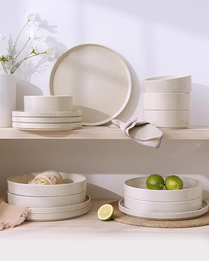Famiware Nebula 18-Piece Stoneware Dinnerware Set, Creamy White | Plates and Bowls with Reactive Glaze and Colorful Speckles, Chip & Scratch Resistant, Microwave & Dishwasher Safe