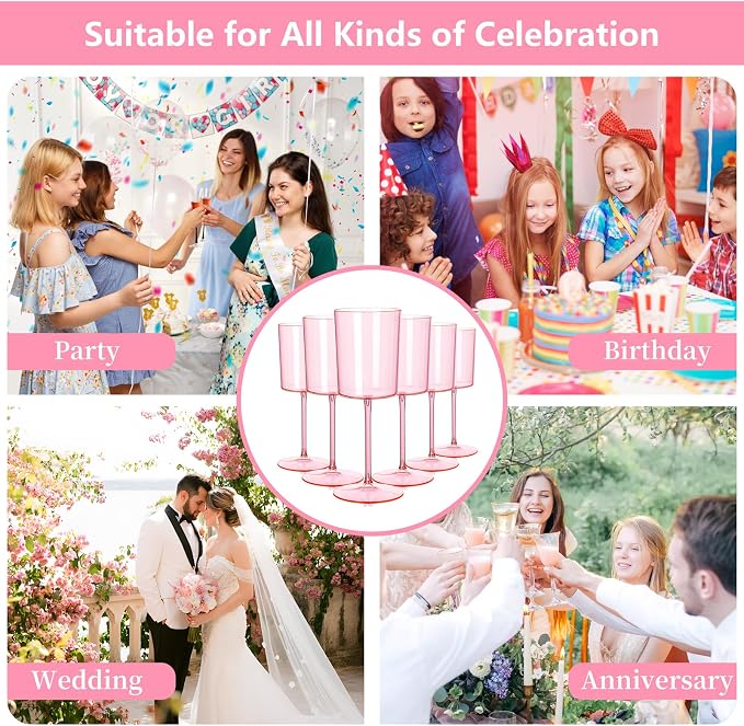 Ciaell 12 Pack Pink Plastic Wine Glasses for Weddings Outdoor Gatherings | 10 oz Pink Stemmed Cups, Heavy Duty Plastic, Wine Champagne Cocktails Mimosas for Parties Birthdays Bars