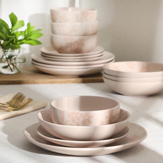 Gibson Home Admiral Hall Plates and Bowls Set, 16-Piece Floral Dinnerware Set, Pink Stoneware Dish Set, Dinner Plates, Salad Plates, Pasta Bowls & Cereal Bowls