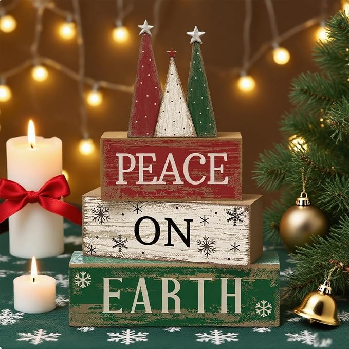 Lineshading 4 Pcs Christmas Table Decoration Wooden Christmas Tree Signs | Stackable Wooden Signs with Tree Topper for Tiered Tray, Rustic Tabletop Mantel Decor, Farmhouse Holiday Gift Accent
