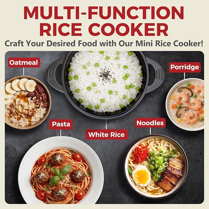 AshGlen Small Rice Cooker 2-Cup uncooked/ 4-Cup Cooked, Mini Hot Pot Electric, Mini Electric Pot, Ceramic Rice Cooker, Small Rice Steamer, Noodle & Oatmeal Cooker, Dual Modes, Single Serve, Graphite