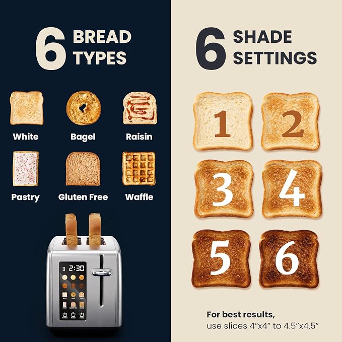 Elite Gourmet 2-Slice Toaster, Digital Countdown, Stainless Steel | One-Touch Presets, Defrost, Reheat & Cancel, Extra-Wide Slots Fit Bagels & Thick Bread