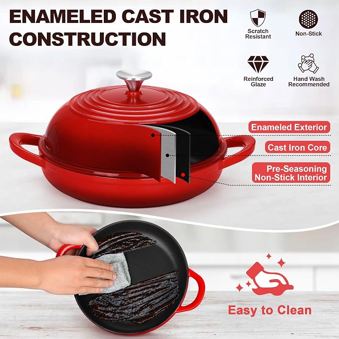 TeamFar Cast Iron Bread Dutch Oven, 6 Qt Enameled Dutch Oven Pot | for Sourdough Bread Baking, with Tall Dome Lid & Round Base Pan, Self-Basting & Even-Heating, Heavy-Duty & Non-stick, Red