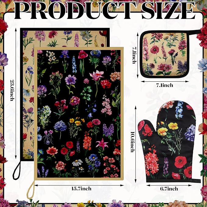 Bencailor 6 Pcs Vintage Wildflower Kitchen Towels Oven Mitts and Pot Holders Set Decorative Dish Towels Tea Washcloth Non Slip Heat Resistant Oven Gloves for Summer Home Cooking Baking, Cute Color