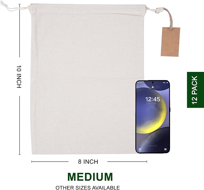 Marubhumi Cotton Storage Bags with Drawstrings Medium 8x10 Inch- 12 Pcs Reusable Muslin Bulk Flour Sack Bag,Cotton Fabric Bread Bags Bulk Food Produce Natural Storage Bag