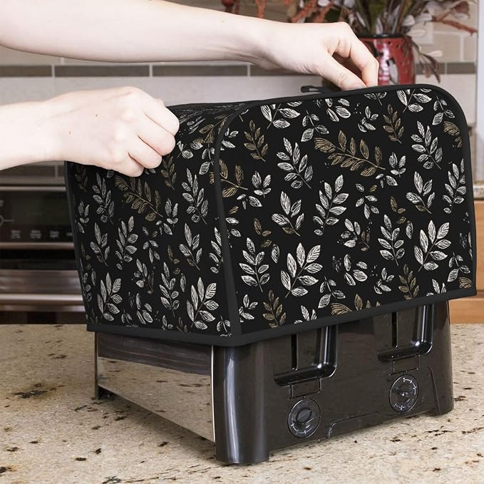 4 Slice Toaster Cover Boho Black Leaf Pattern Dust Proof Washable Kitchen Appliance Cover with Pocket, Oxford Fabric Countertop Toaster Protector for Standard Toasters Small Appliances