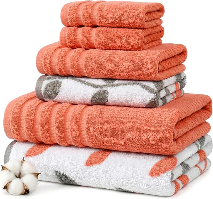 Modern Threads 6 Piece Bath Towel Set – Bathroom Set with 2 Bath Towels, 2 Hand Towels, and 2 Wash Cloths – 100% Cotton, Super Absorbent & Extra Soft – Reversible Natural Vine (Rust Orange)
