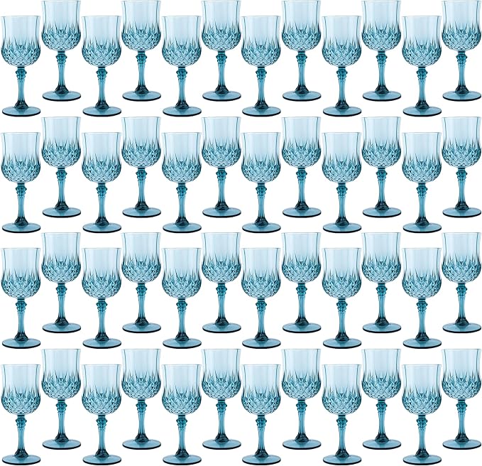 48Pack Plastic Wine Glasses, 7oz Vintage Goblets for Wedding | Unbreakable Crystal Style Reusable Stemware, Elegant Dusty Blue Drinking Glass for Party Anniversary & Holiday Celebration