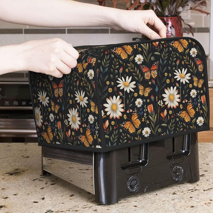 4 Slice Toaster Cover Vintage Butterfly Daisy Leaf Dust Proof Washable Kitchen Appliance Cover with Pocket, Oxford Fabric Countertop Toaster Protector for Standard Toasters Small Appliances