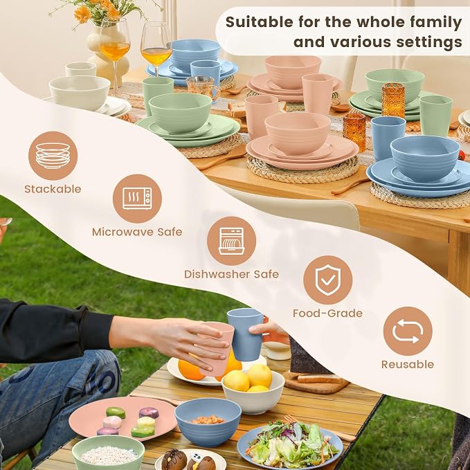 40-Piece Dinnerwave Sets, Service for 8, Wheat Straw Dinnerware Set - Plates and Bowls Set with Cups, Lightweight Microwave and Dishwasher Safe Dish Set for Dinner, Outdoor - Multi Light