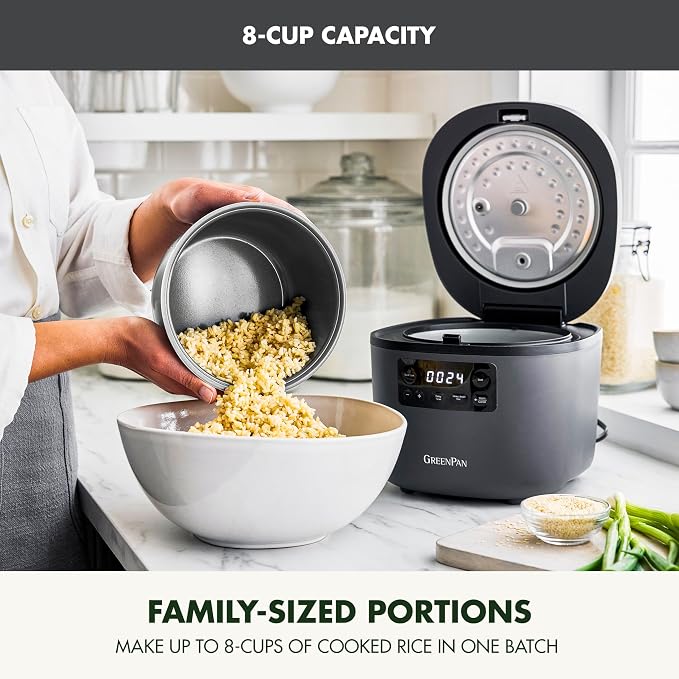 GreenPan Advanced Rice Cooker, 4-Cups Uncooked/8-Cups Cooked, Removable Nonstick Ceramic PFAS-Free Pot, White & Brown Rice, Family Sized, Quick Cook in 25mins, 6 Presets, Fuzzy Logic Tech, Graphite