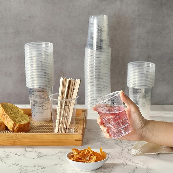 80pcs Paint Mixing Cups, DV 8oz Graduated Clear Plastic Measuring Cups with 80pcs Wooden Stirring Sticks for Mixing Paint, Pigments, Epoxy Resins, Resins