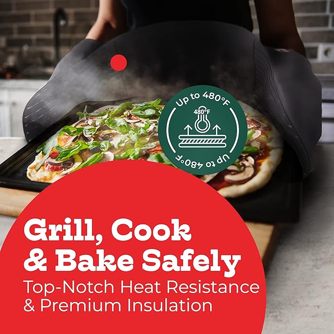 Grey Double Oven Mitt Kitchen Protection, Pack of 1 34x7.5 inches Heat Resistant Cotton, Professional Grade with Terrycloth Lining