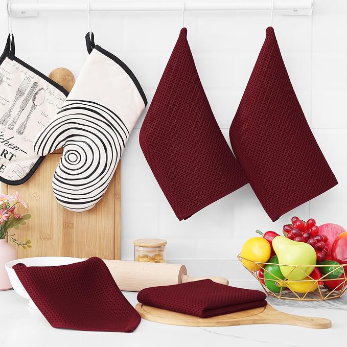 Homaxy 100% Cotton Waffle Weave Kitchen Dish Cloths 12-Pack, Burgundy | 12 x 12 Inches, Ultra Soft Absorbent Dish Towels, Quick Drying Dish Rags with Hanging Loop
