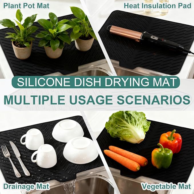 Silicone Dish Drying Mat for Kitchen Counter, 23" x 17" Black-1pcs | Heat Resistant & Non-Slip Dish Drain Pad with Built-In Drain, Quick-Dry, Hangable & Roll-Up for Storage，Multi-Functional Use