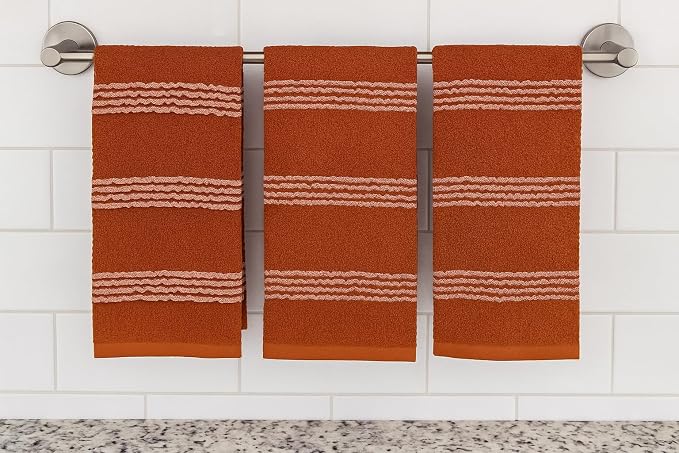 Terracotta Orange Rust Kitchen Dish Towels, 3 PC, 100% Cotton, 18" x 28" | Modern Farmhouse Textured Stripe Weave, Oversized Dish Cloth, Soft & Absorbent, Quick Dry, Multipurpose Everyday Use