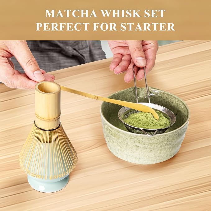 Matcha Whisk Set, Matcha Making Kit Whisk (Chasen Holder), Ceramic Whisk Holder (Light Blue), Bamboo Scoop, Powder Starter Sifter, Spoon Japanese Tea Tools For Ceremony Gift