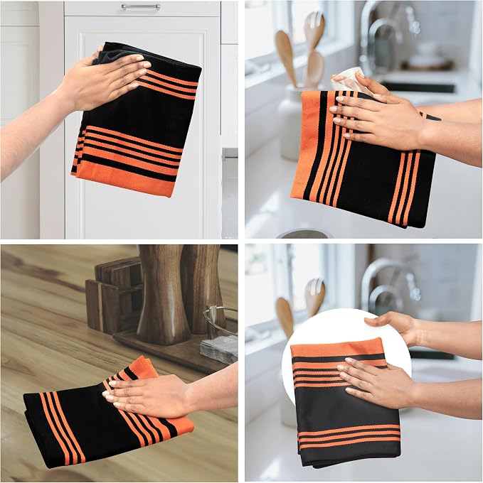 Urban Villa Kitchen Towels Cotton Dish Towels 20”x30” (Set of 6) Orange Blk