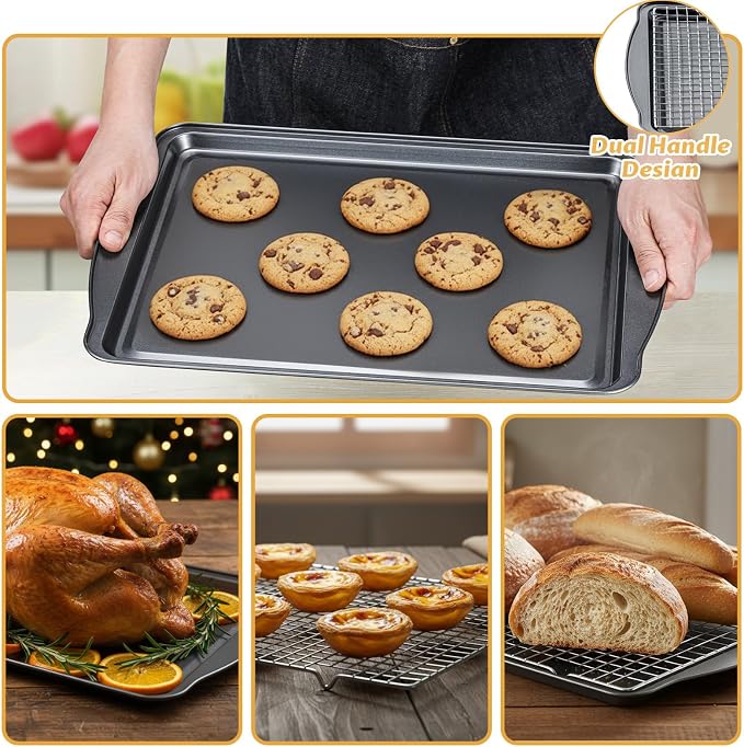 Baking Sheet with Cooling Racks - 17'' x 11" x 0.5" Carbon Steel Cookie Sheets for Baking [2 Sheets + 2 Racks], Nonstick Baking Pans, Perfect for Baking, Roasting, and More